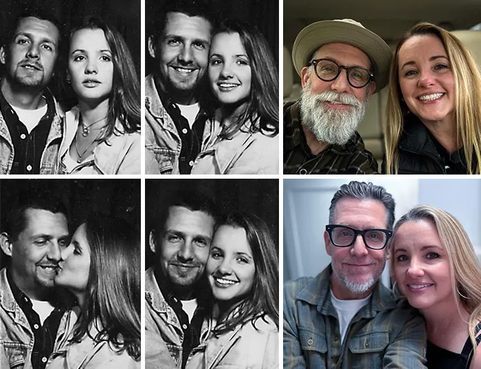 Couples in matching old and recent photos showing how time changed people but not their love for each other.
