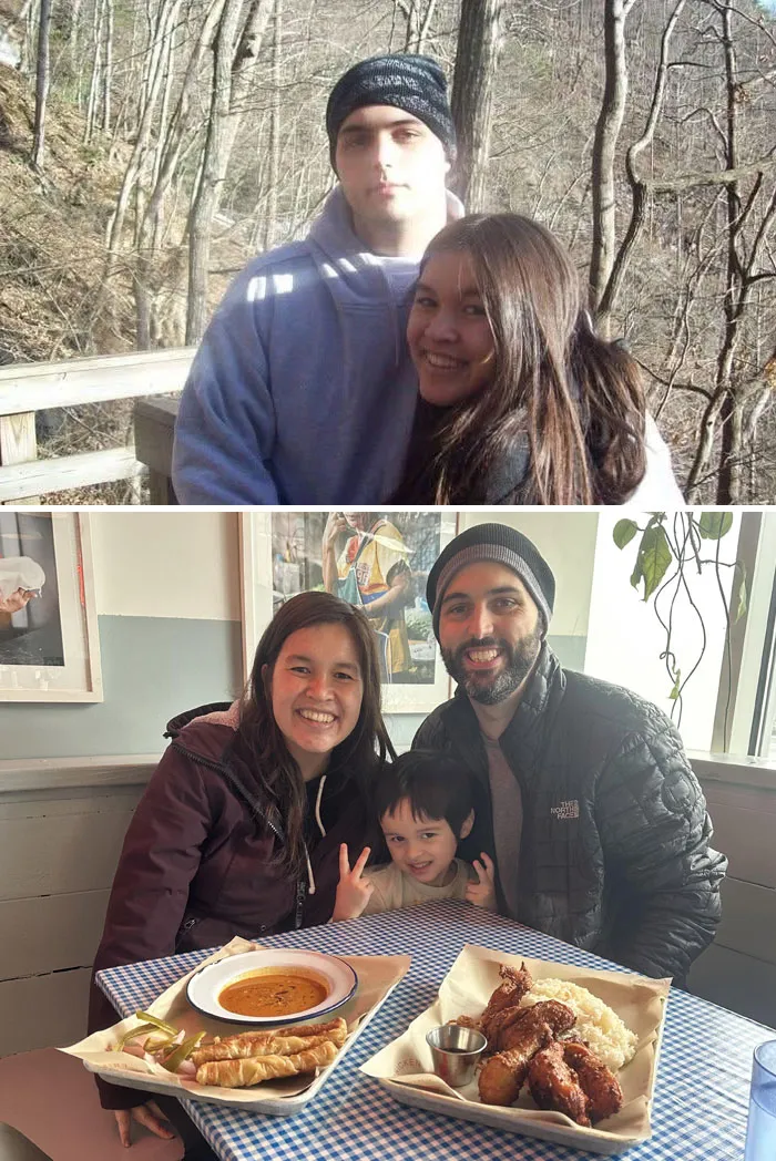 Couple reunited over time, smiling with their child at a restaurant, showing love that unchanged despite time passing.