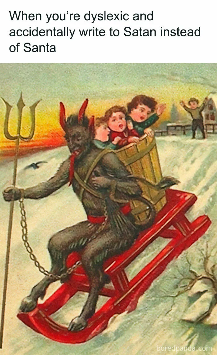 Vintage classical art style meme showing a horned demon riding a sled with children, perfect for classical art lovers.