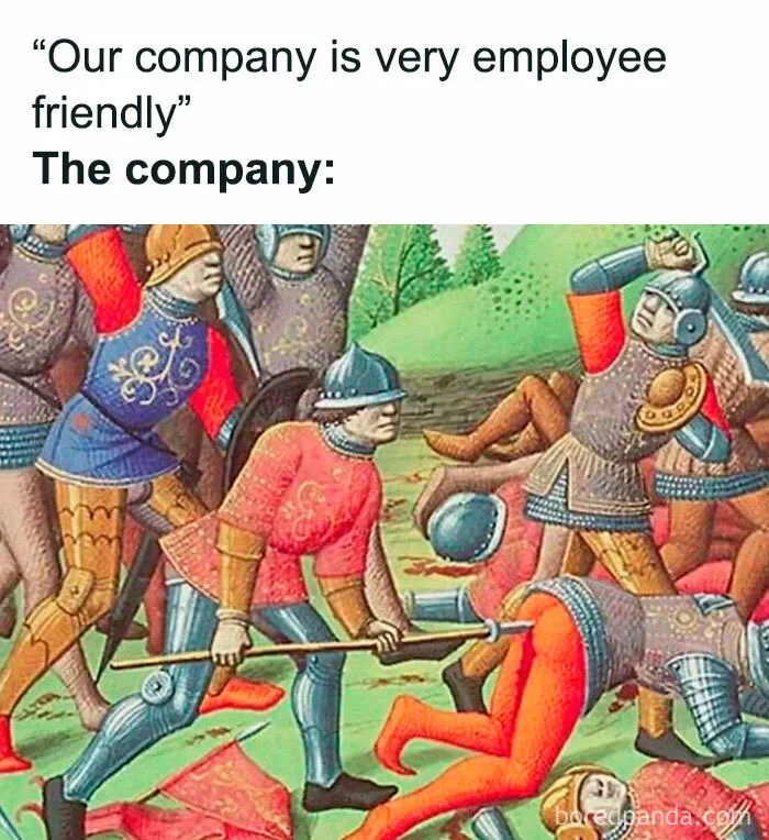 Medieval soldiers in colorful armor in a chaotic battle scene, a humorous meme for classical art lovers.