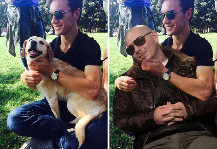 Photoshop Request: "Can Someone Please Make It Look Like I Am Holding A Pitbull Instead". Glad They Asked. Before vs. After