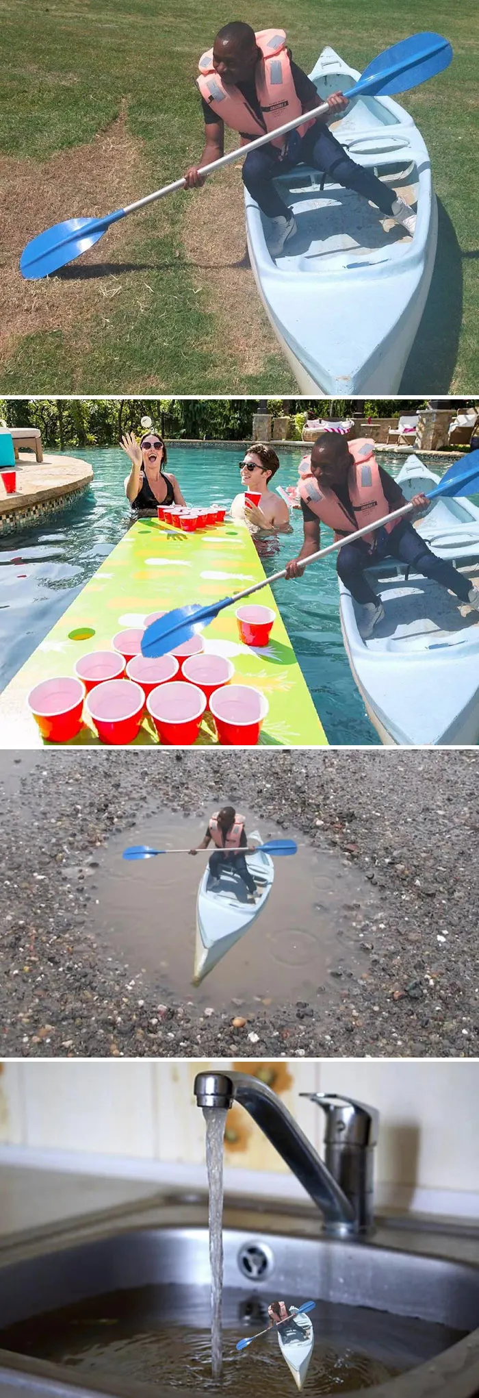 Hombre con chaleco salvavidas photoshopeado en un kayak en tierra, piscina, charco pequeño y un lavabo, resultado divertido.