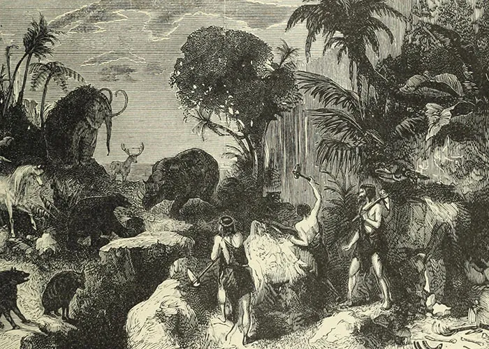 Illustration of prehistoric people hunting animals in a dense forest, representing things from the past people research.