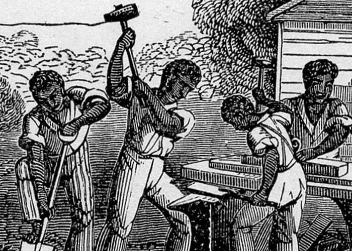 Engraving of historical events showing people working with tools, depicting scenes from interesting historical events.