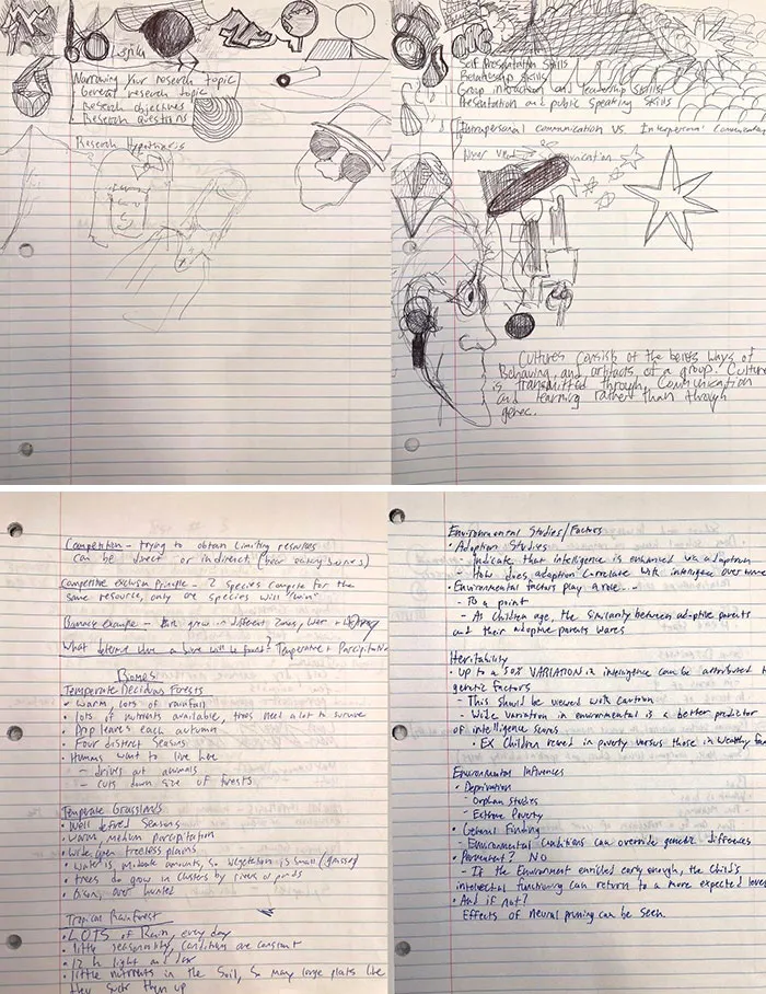 Handwritten before and after notes and sketches on lined paper showing change and progress over time.