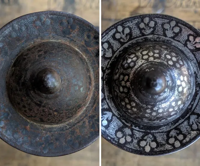 Before-And-After Cleaning Of A 300-Year-Old Silver-Inlaid Sword Pommel