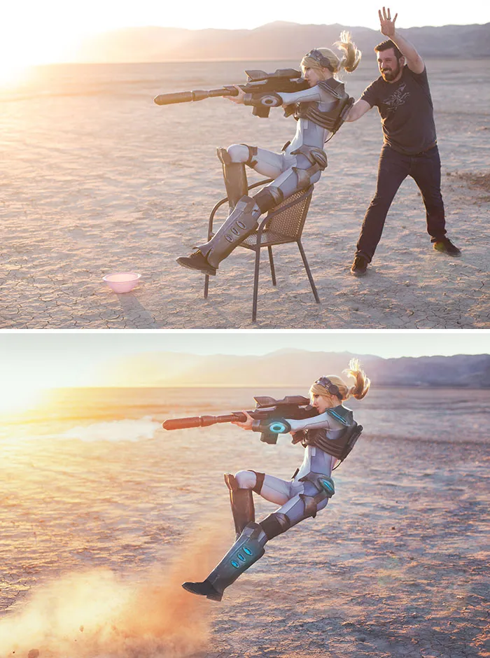 Cosplayer in futuristic armor holding a large weapon, before and after dynamic action photos showing change.
