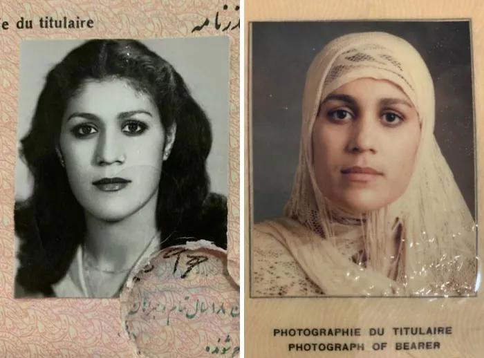 My Mom's Passport Photos Before And After The Iranian Revolution. 1978 On The Left, 1984 On The Right With Mandatory Hijabs