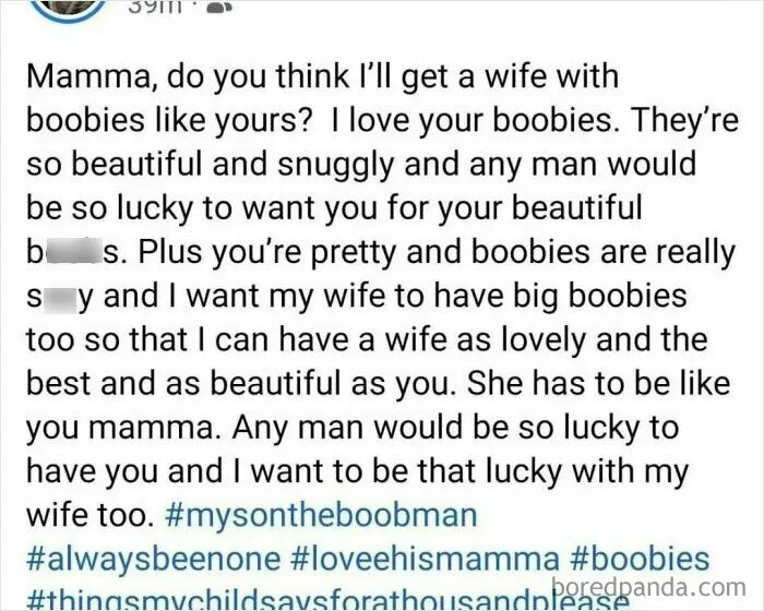 Screenshot of a hilariously obvious lie where a child praises their mother's boobs in an exaggerated message.