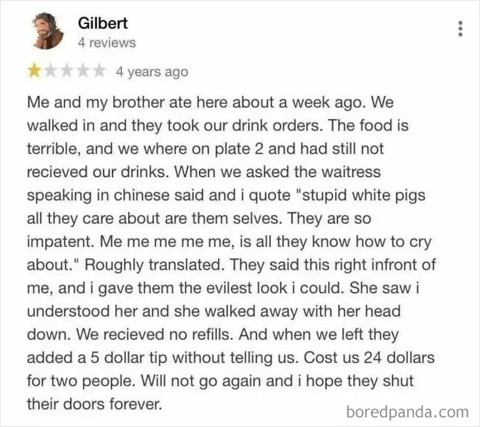 Screenshot of a hilariously obvious lie in a negative restaurant review with exaggerated claims about service and staff.