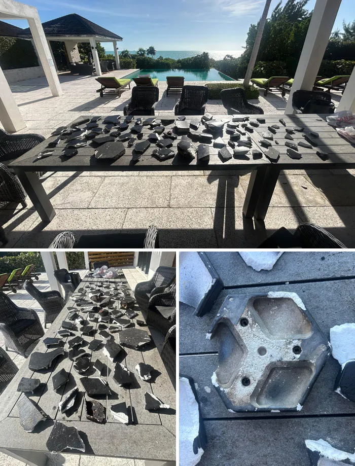 Broken black tiles arranged on a table outdoors by the pool, reflecting current life in the US through the eyes of Americans.