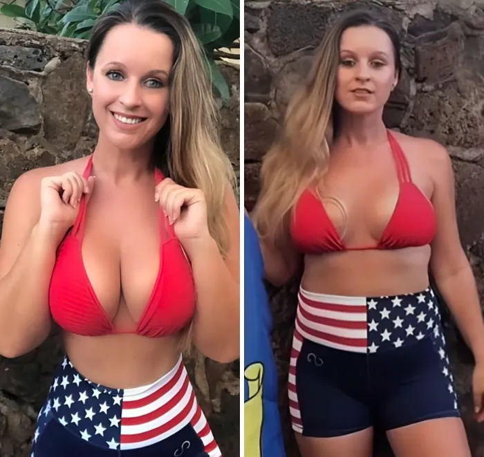 Mujer posando con bikini rojo y shorts de estrellas, mostrando comparación de Instagram vs realidad tras fotos.