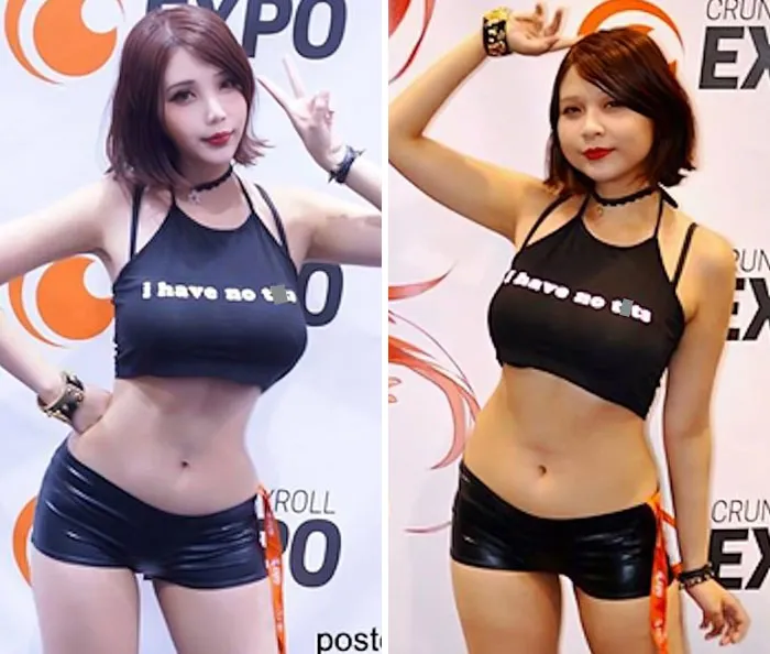 Comparación de mujer en dos fotos mostrando Instagram VS realidad con diferencias en postura y edición.