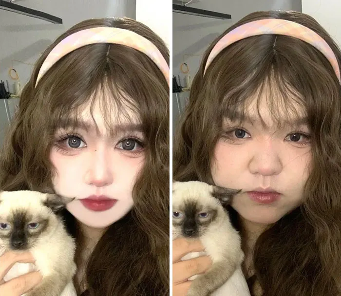 Comparación Instagram VS realidad de una mujer con filtro y sin filtro sosteniendo un gato en interiores.
