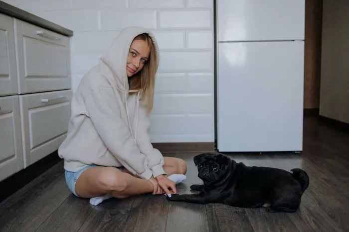 Young woman in a hoodie sitting on the floor with her black pug, illustrating mind-boggling beliefs smart people hold.