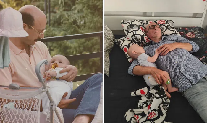 My Late Father Holding 8 Month Old Me In 1991 And Sleeping With My Son At The Same Age In 2021