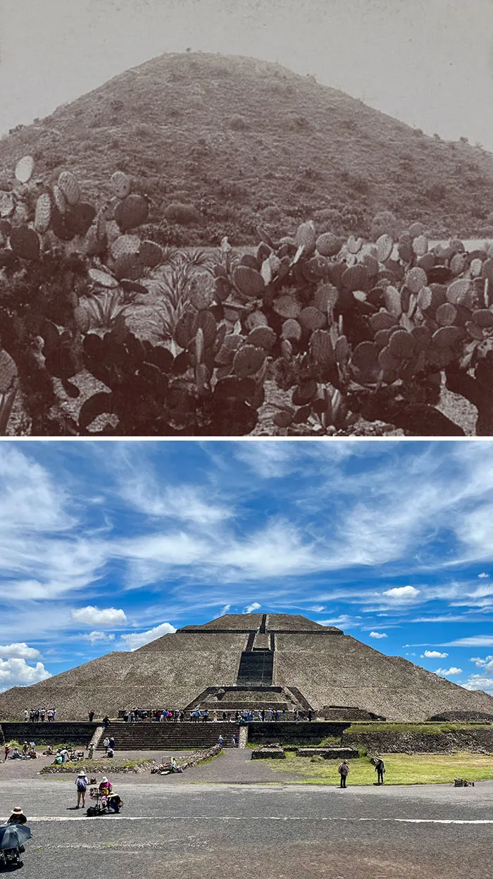 Pirámide del Sol en Teotihuacán, México. 1900 vs. 2023