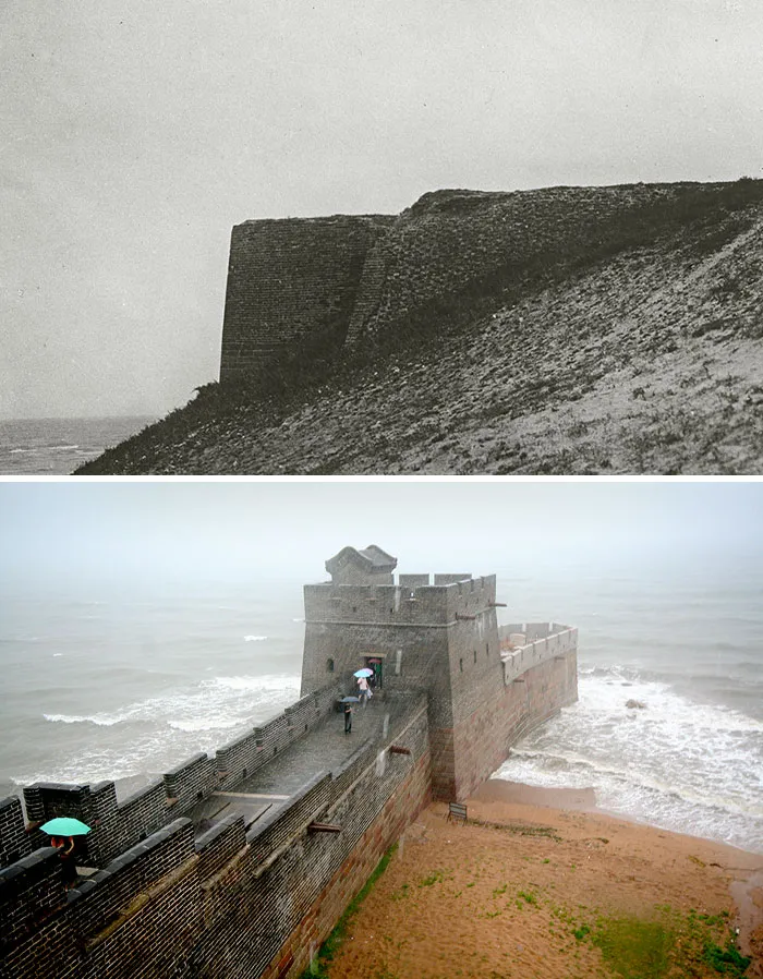 Fin de la Gran Muralla, Paso de Shanhai, China. 1930 vs. 2008
