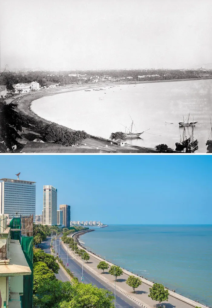 Fotos de antes y ahora mostrando la evolución del paisaje costero con cambios visibles en infraestructura y ambiente natural.