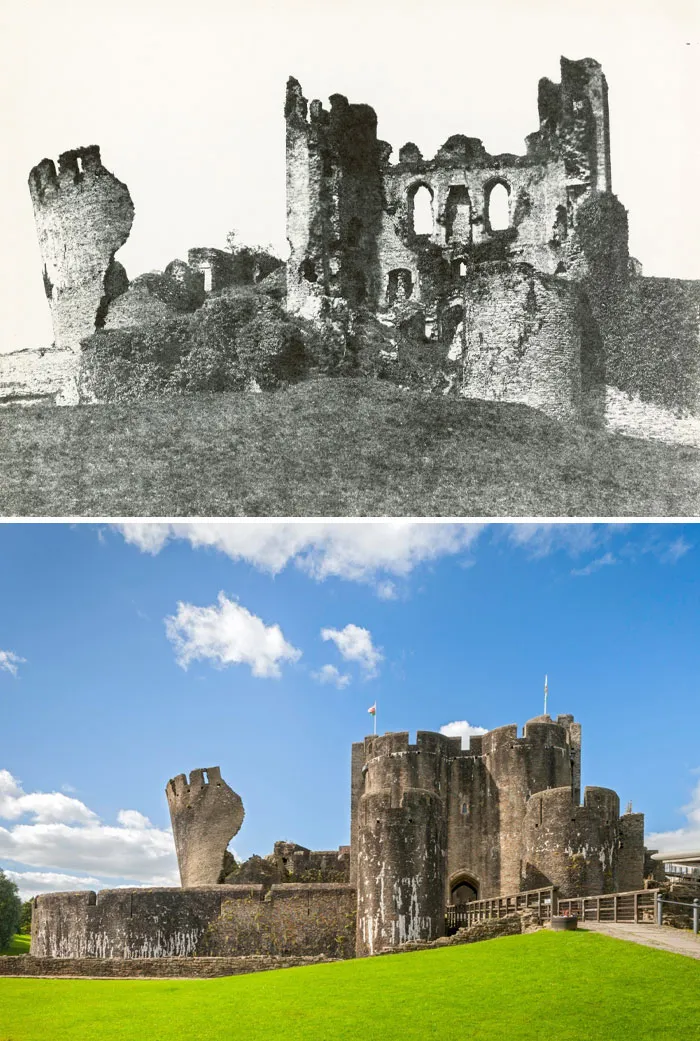Castillo de Caerphilly, Caerphilly, Gales del Sur. 1855 vs. 2024
