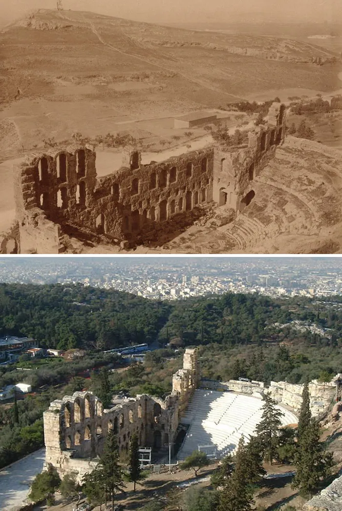 Ruinas antiguas y vistas modernas en una foto del antes y ahora mostrando el paso del tiempo y cambio histórico.