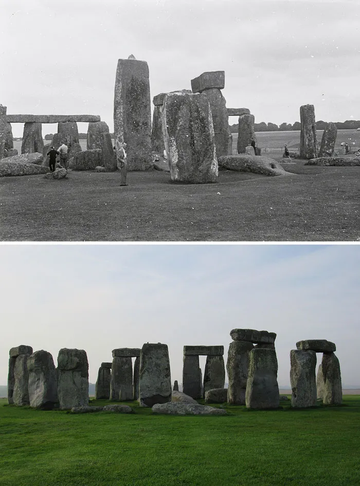 Fotos de antes y ahora de Stonehenge mostrando cambios en el tiempo y la preservación del monumento histórico.