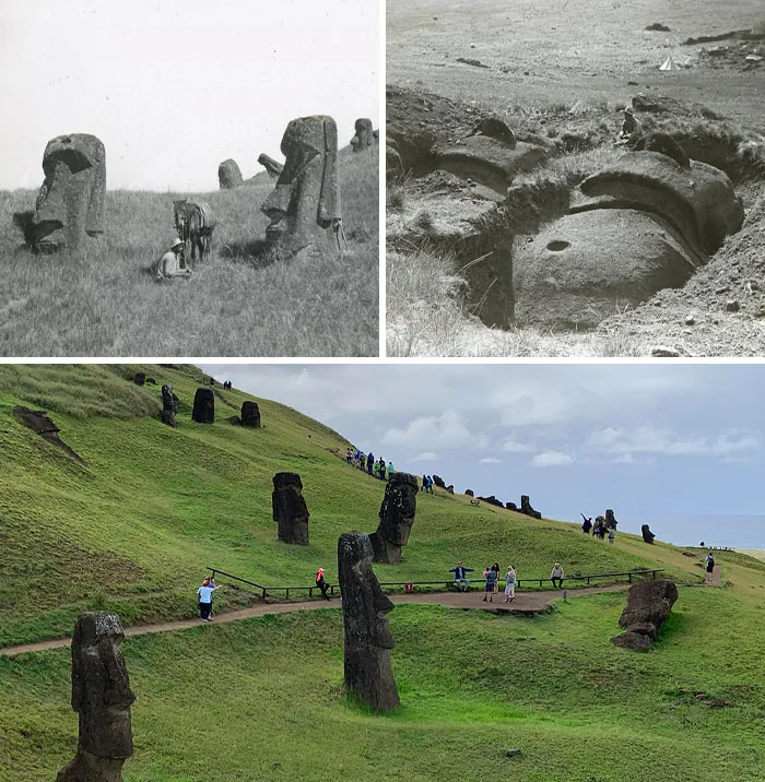 Moai Statues In Rano Raraku, Easter Island. 1914 vs. 2019