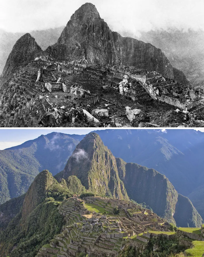 Machu Picchu en 1912 después de que se llevaran a cabo importantes trabajos de limpieza vs. 2023