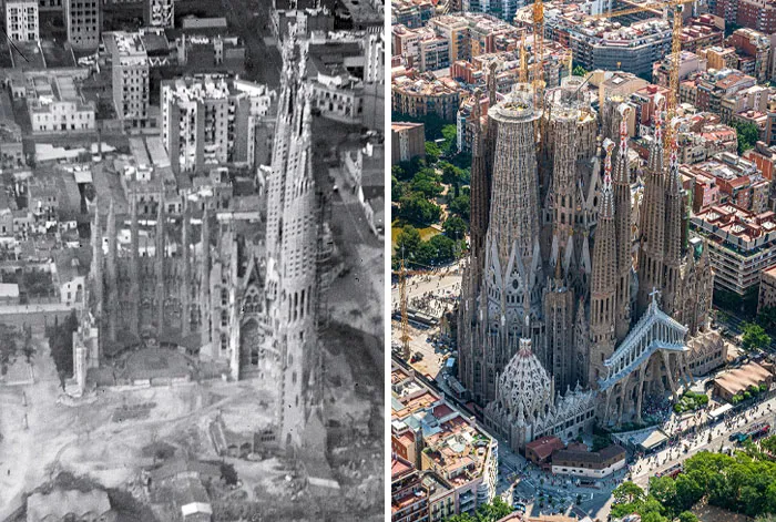 Sagrada Familia, Barcelona. 1930 vs. 2020