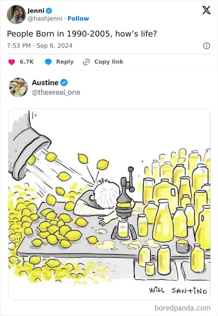 Twitter exchange showing a person overwhelmed by lemons and squeezing them into jars, illustrating random Gen-Z memes humor.