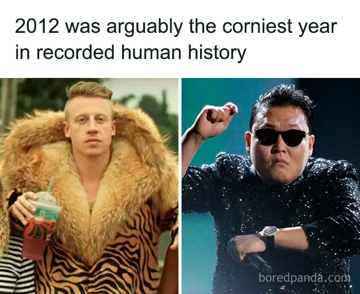 2012 corniest year meme showing Macklemore with fur coat and Psy performing Gangnam Style in Gen-Z memes context