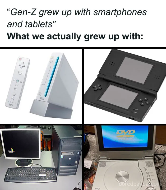 Collection of old gaming consoles, computer, and portable DVD player reflecting Random Gen-Z Memes nostalgia.