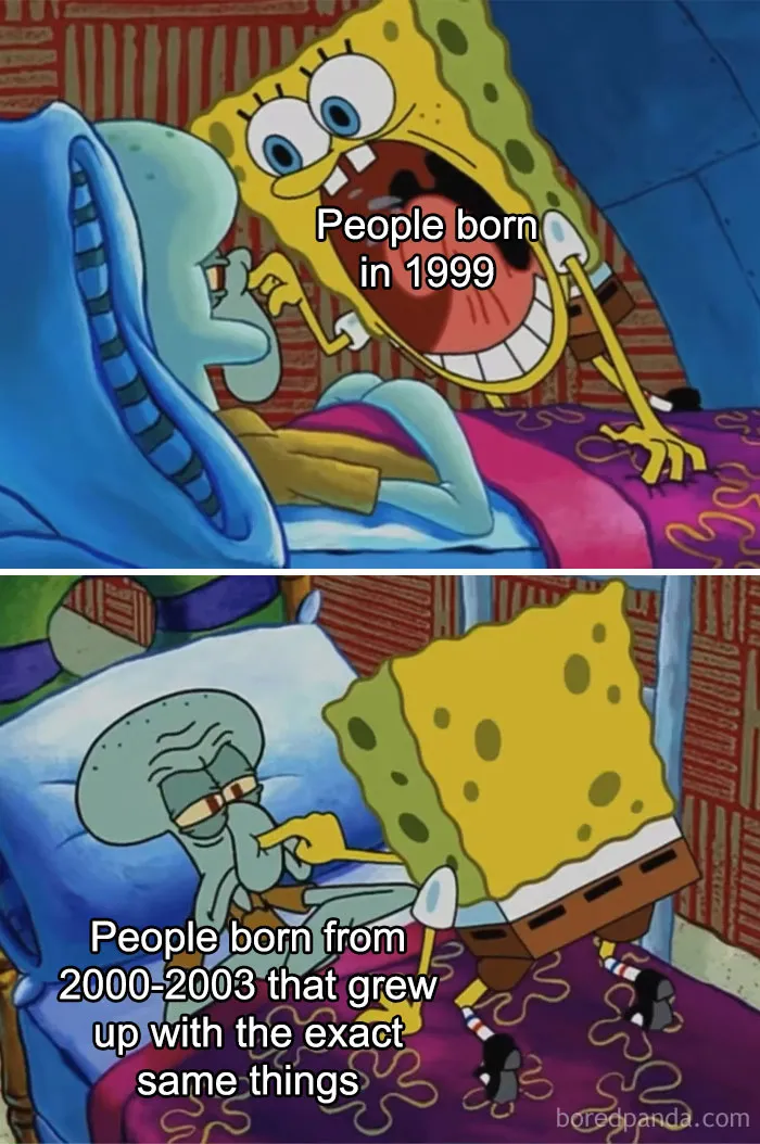 SpongeBob teasing Squidward in bed, humorously highlighting differences in Gen-Z upbringing in a random Gen-Z memes style.