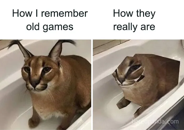 A humorous Gen-Z meme comparing nostalgic memories of old games to their actual low-quality graphics.