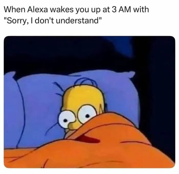 Hilariously sarcastic meme of Homer Simpson startled awake in bed by Alexa at 3 AM with a funny response.