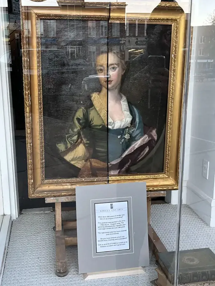 Portrait painting shown in a before and after photo highlighting restoration and cleaning changes over time.
