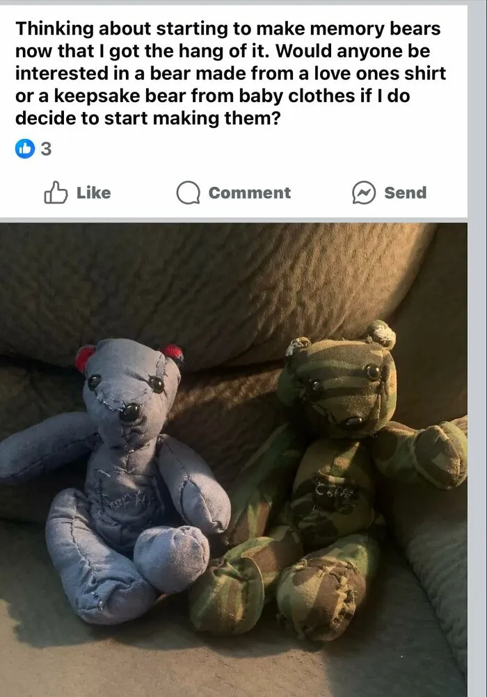 Two handmade memory bears made from love ones shirt and baby clothes with visible stitching in DIY craft shaming.