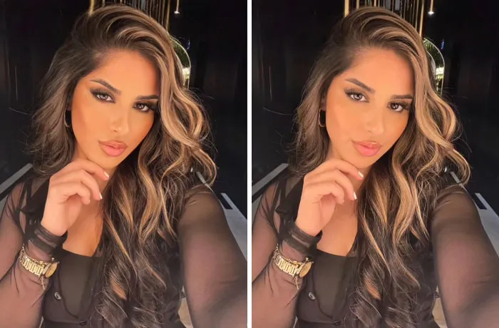 Mujer joven con cabello rubio oscuro y maquillaje, mostrando un ejemplo de edición excesiva de fotos en internet.