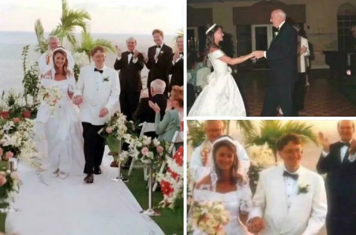 Bride and groom in elegant wedding attire sharing joyful moments during a fascinating celebration with friends and family outdoors.