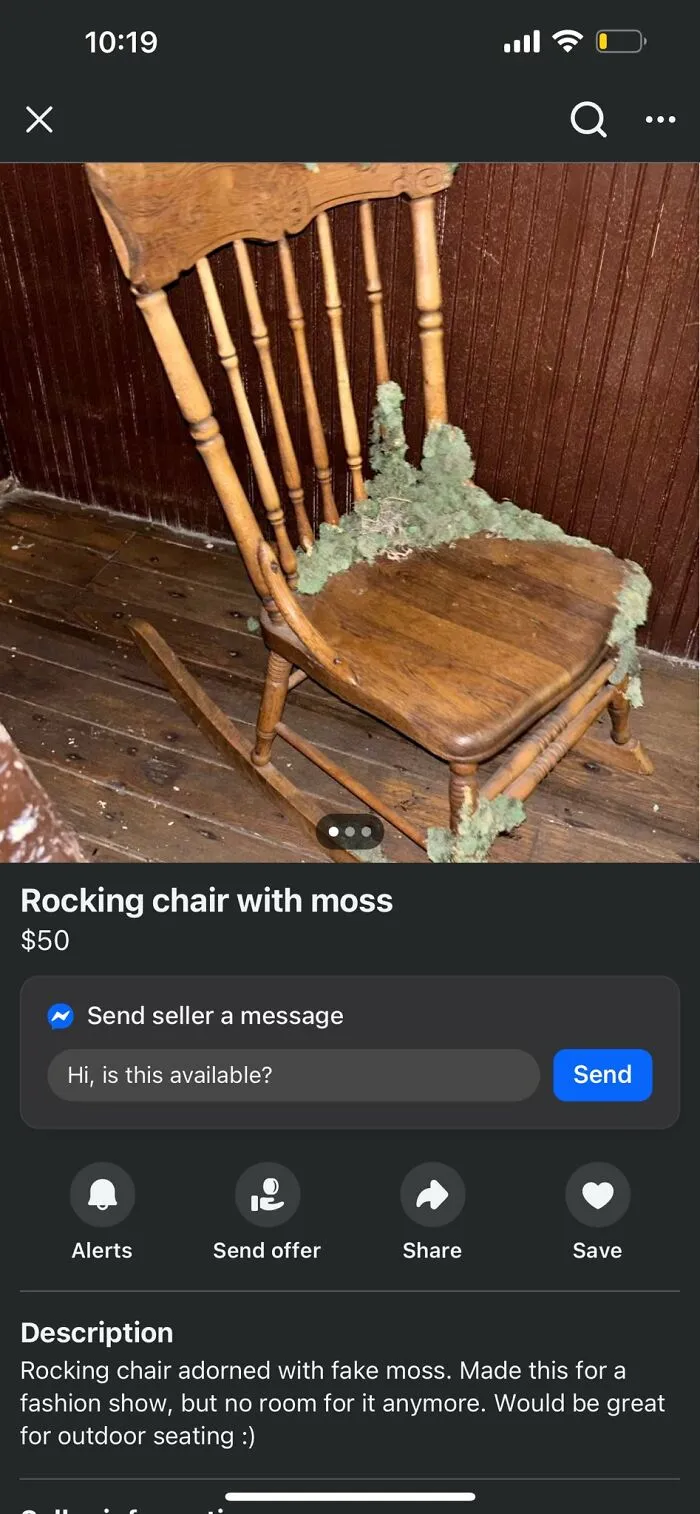 Wooden rocking chair decorated with fake moss, an example of horrendous DIY projects that needed to be shamed.