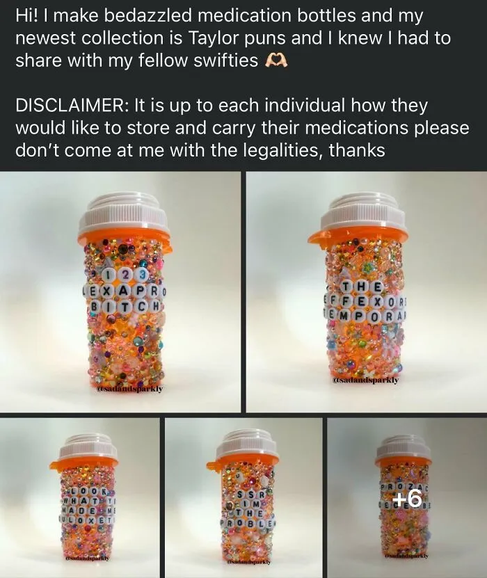 Bedazzled medication bottles with colorful beads and letter beads displaying humorous phrases in a craft shaming DIY project.