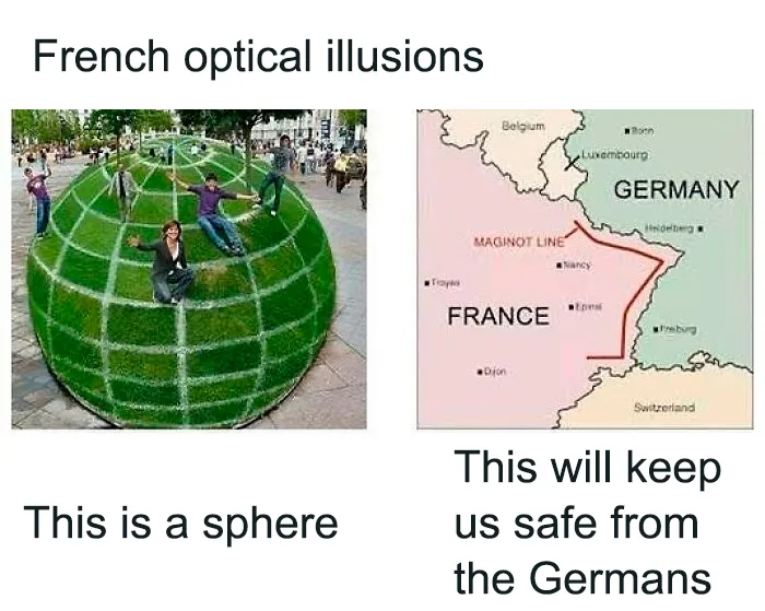 Optical illusion of people on a sphere and map of France with Maginot Line, related to history memes about the past.
