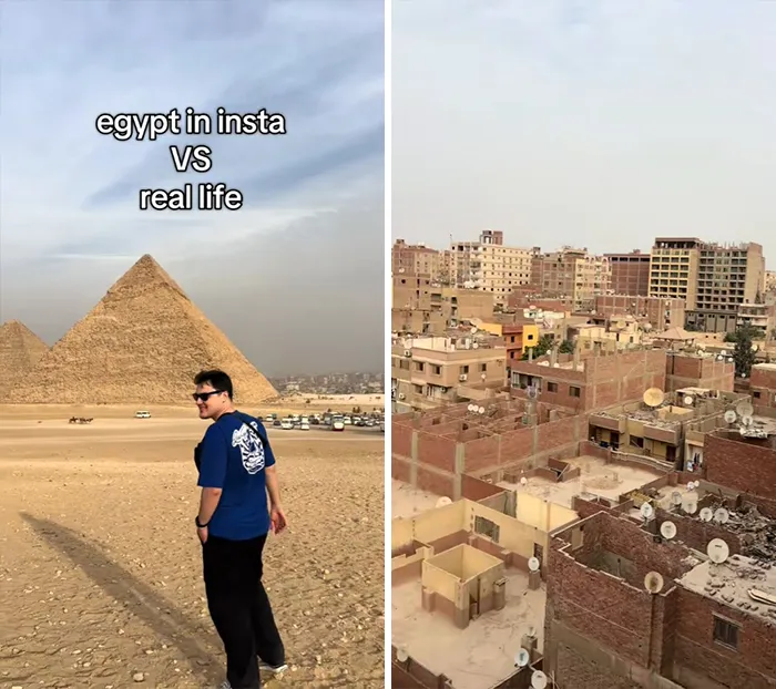Split image showing Instagram vs reality travel moments in Egypt with pyramids contrasted by urban buildings and satellite dishes.