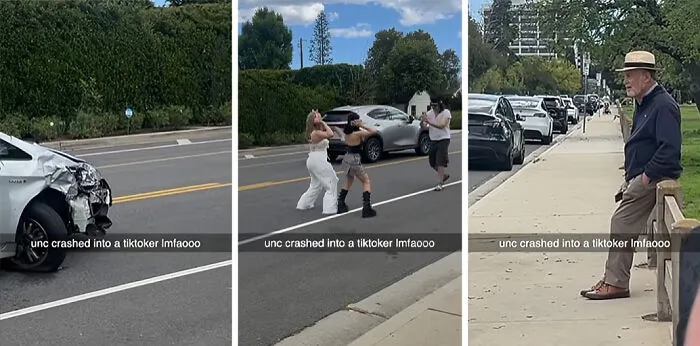 Coche chocado cerca de influencers vergonzosos en la calle sin sentido común ni moral visible.