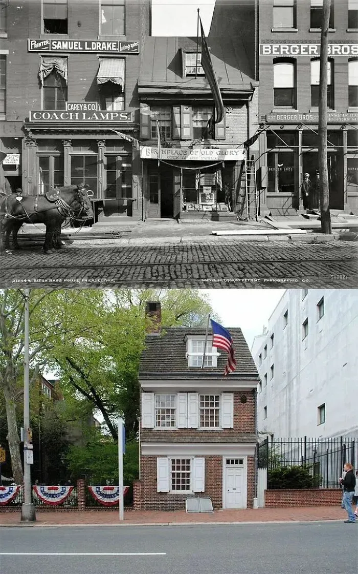 Historic photo showing Betsy Ross House in black and white and modern-day view with American flag and decorations.