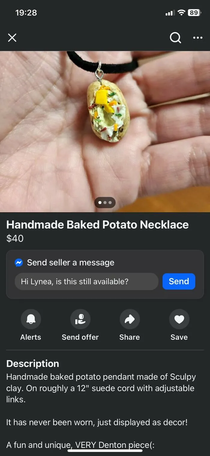 Handmade baked potato necklace pendant on suede cord shown as a craft shaming example of DIY projects.