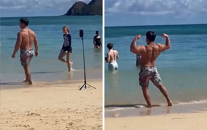 Influencers en la playa posando y grabando videos mientras disfrutan del mar y el sol en un día despejado.
