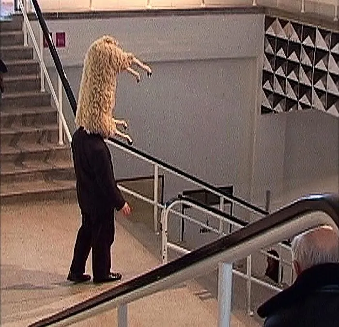Person wearing a strange, animal-like headpiece standing on stairs, creating an unsettling and uncomfortable visual effect.
