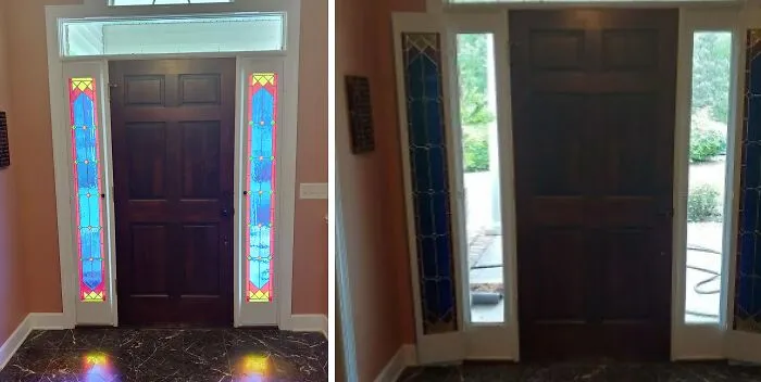 We Took Stained Glass Sidelights And Mounted Them In Hinged Wooden Frames. Now We Can Open The Stained Glass Windows Whenever We Want To See Outside. Hopefully The Hoa Won't Have A Problem With Our New Blue Windows. Build Link In The Comments