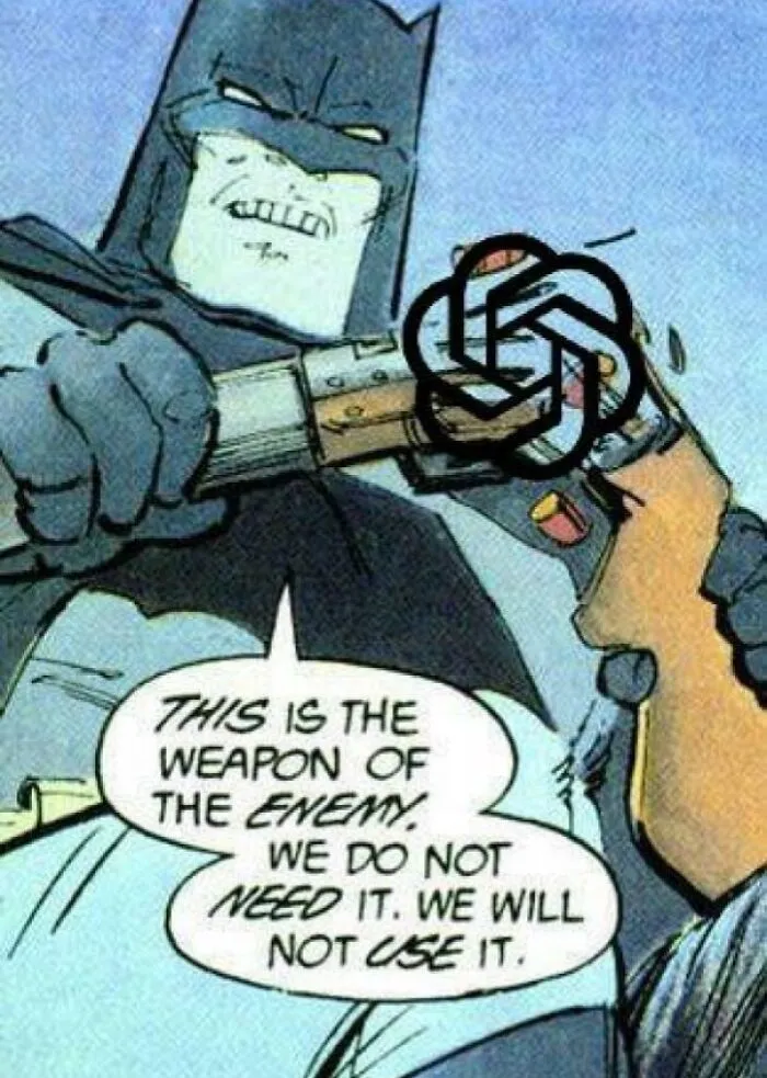 Batman holding a gun with a crossed-out symbol, expressing refusal to use the enemy's weapon in a Gen-Z memes style.